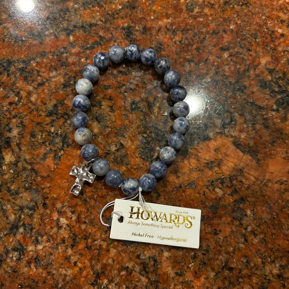 Howards sodalite beaded stretch bracelet with a cross charm New